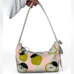 Pink and White Stripped Green Apple Beaded Shoulder Bag Bag Charm Made in India